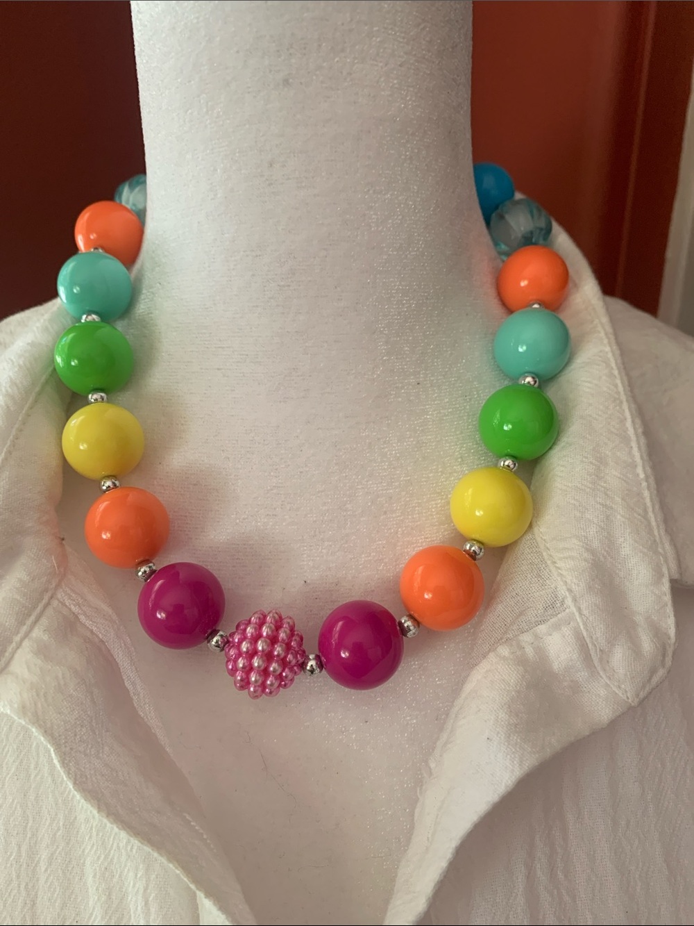 Bright Multicolor Chunky Bead Necklace - Pink, Orange, Yellow, Green & Blue